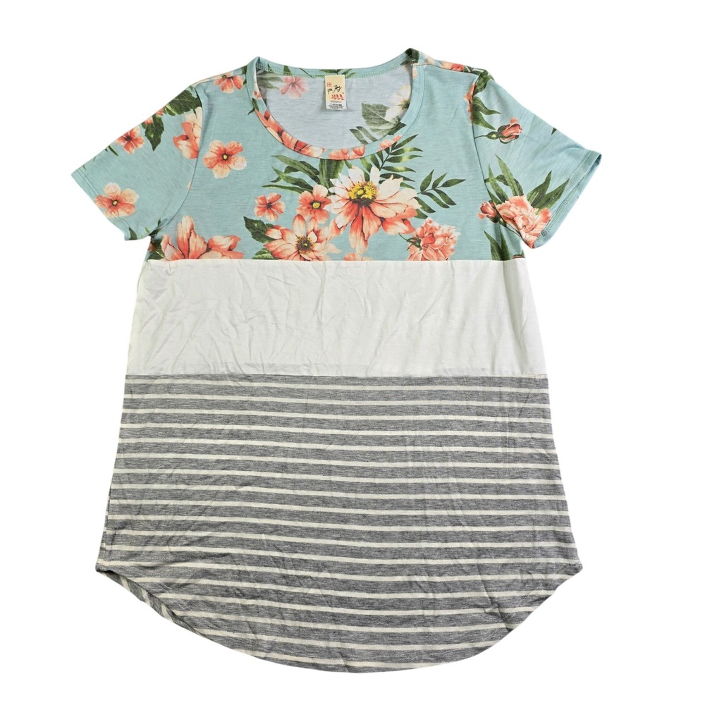 7th Ray Colorblock Floral Top Women Large Blue Gray Striped Tropical Boho Resort